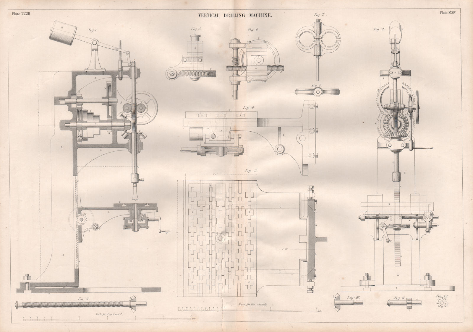VICTORIAN ENGINEERING DRAWING. Vertical drilling machine 1847 old print
